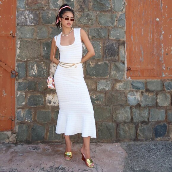 LoveShackFancy | Leigh Pointelle Knit Midi Dress Ivory|WHITE| S|M|NWT - Picture 1 of 13